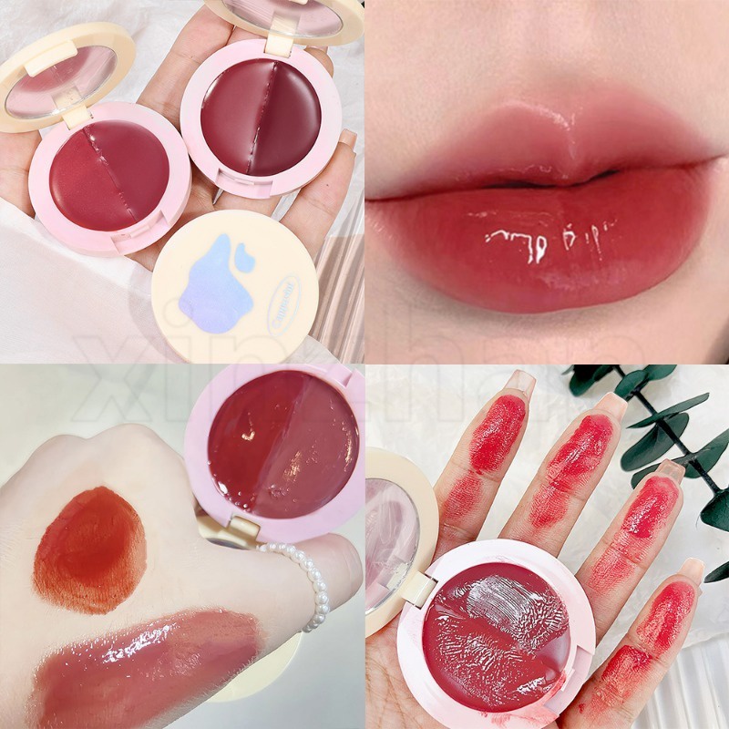 Son dưỡng ẩm lâu dài tự nhiên / son dưỡng môi không thấm nước mịn màng không thấm nước tinh tế / son bóng gương thạch rắn 2 màu / mỹ phẩm trang điểm môi hàn quốc