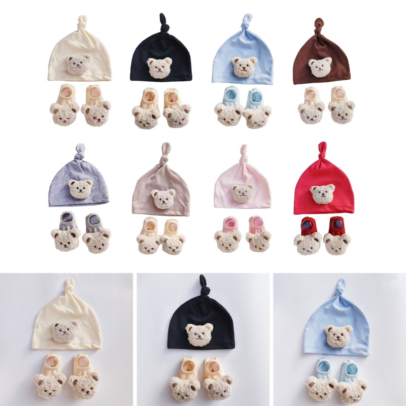 Mũ Beanie Kèm Vớ Chống Trượt Mềm Mại Thoáng Khí In Hoạt Hình Dễ Thương Cho Bé