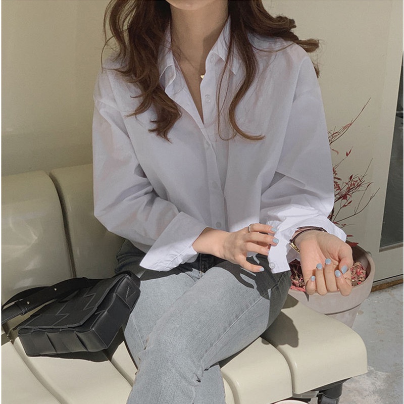 SUXI Áo Sơ Mi Trắng Tay Dài Dáng Rộng Cổ Gập Màu Trơn Đơn Giản Dễ Phối Đồ Mùa Thu