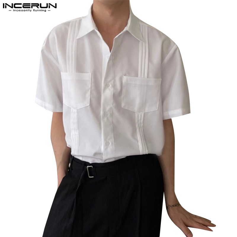 Áo sơ mi INCERUN ngắn tay phối túi đôi xếp ly thời trang trẻ trung