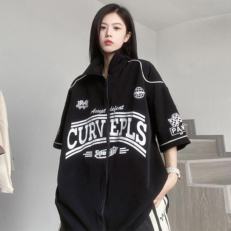 Áo khoác bóng chày SINRANSINYA tay ngắn cổ cao phối khóa kéo thời trang retro cho nam