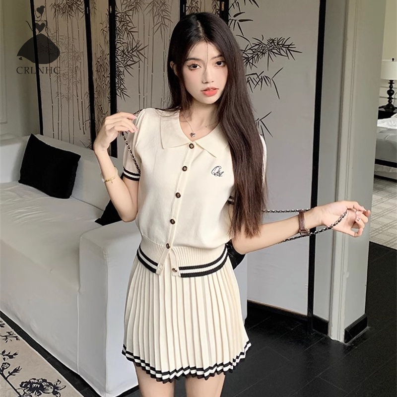 Set Áo Thun Ngắn Tay Và Chân Váy Xếp Ly Phong Cách Preppy Thời Trang Mùa Hè Dành Cho Nữ