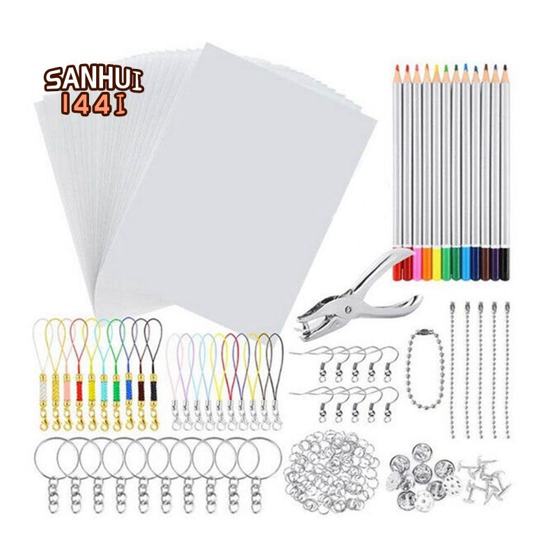 198 cái giấy nghệ thuật shrinky tấm co nhiệt bộ nhựa lỗ đục lỗ móc khóa bút chì tự làm vẽ nghệ thuật cung cấp