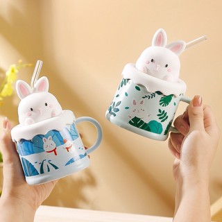 Cute rabbit ceramic water cup New Year gift cartoon girl creative birthday gifts high value mug straw Cup
