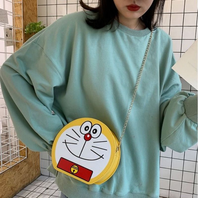 Túi dễ thương nữ thời trang phim hoạt hình vui nhộn tinkerbell mèo đeo vai túi tròn messenger túi doraemon