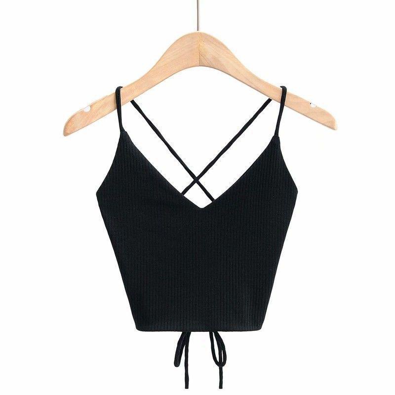 Phụ nữ mùa hè thời trang sexy v-cổ băng quấn rắn dệt kim tank top màu rắn crop tops sexy strap bra camis y2k