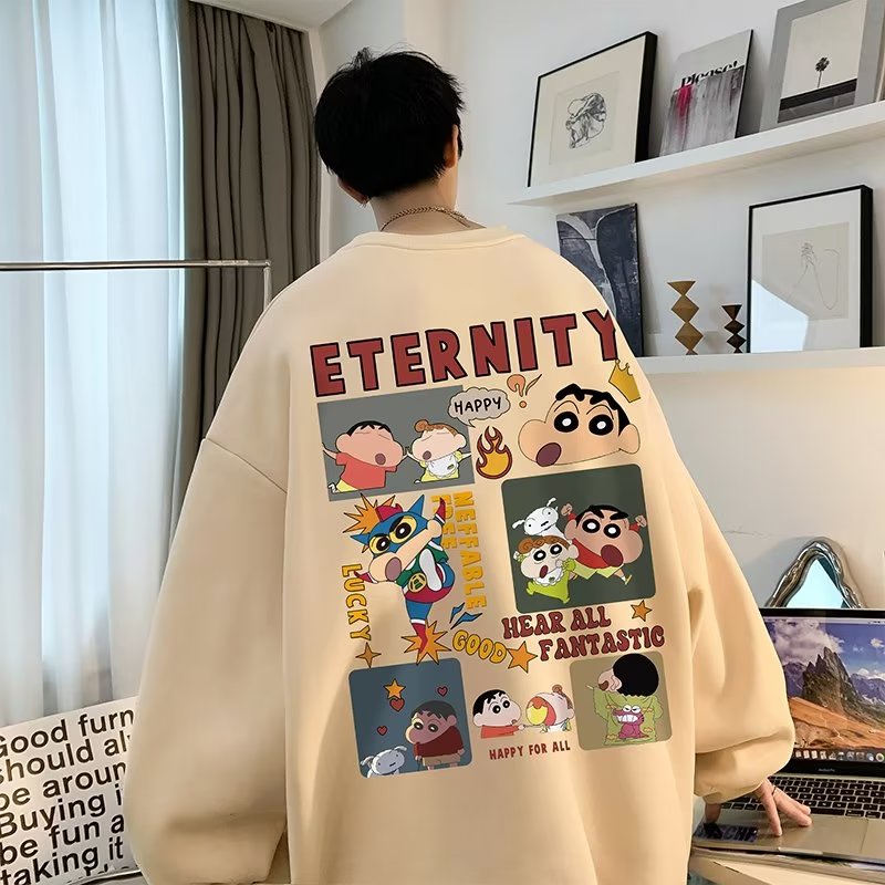 Sweater nam form rộng big size tới 120kg Nhật Bản Cartoon Crayon In ấn Shin Unisex Thời Trang Trẻ Trung