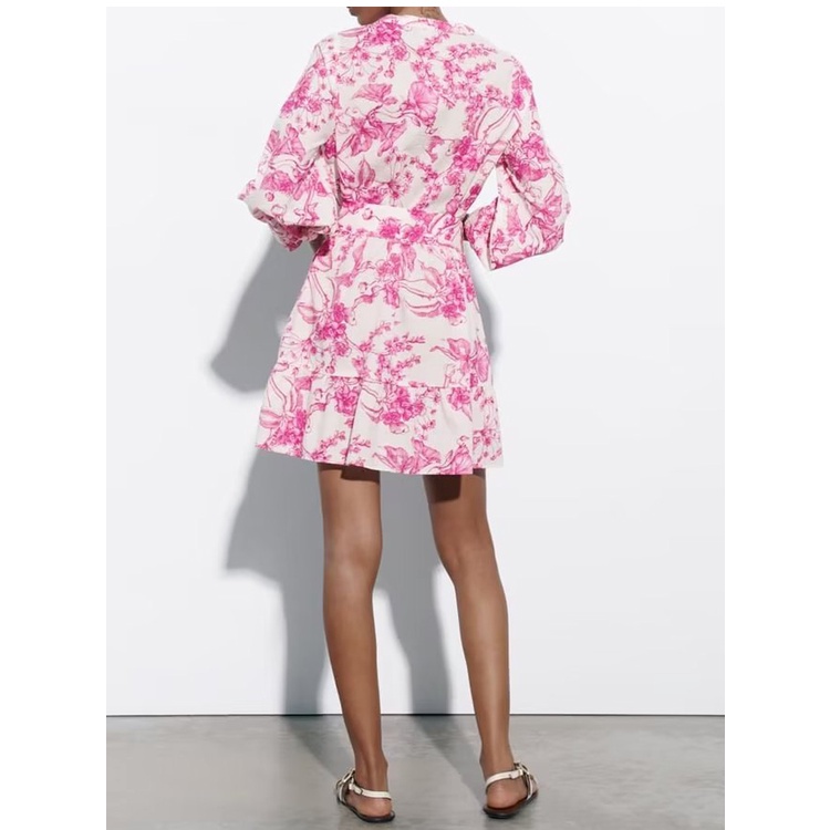 Trf 23 Đầm Ngắn Cổ Chữ V Tay Dài In Họa Tiết Phong Cách Pháp Có Thắt Lưng Trang Trí Mùa Hè3462271