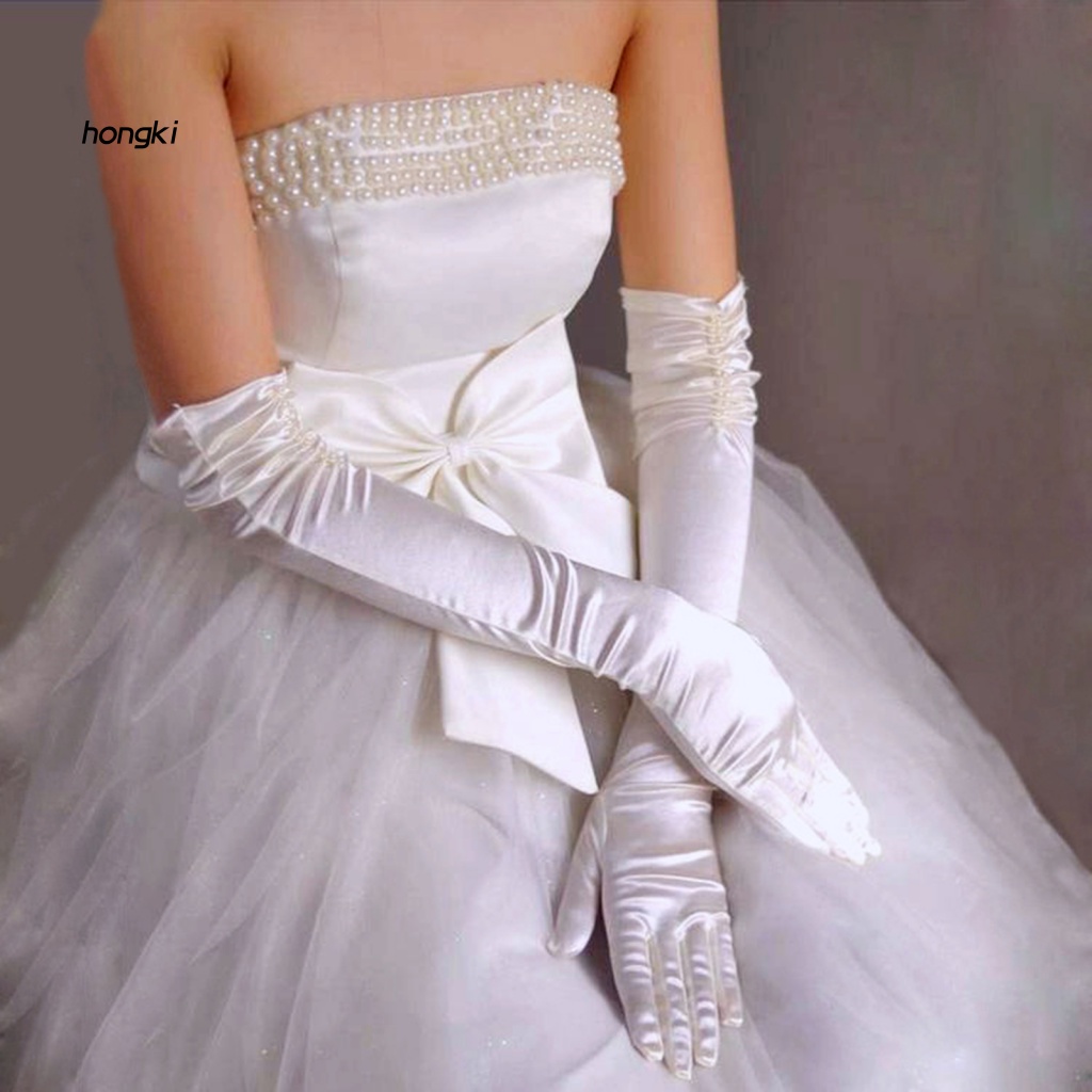 Hh ladies satin gloves găng tay màu rắn găng tay cô dâu satin trắng thanh lịch với đồ trang trí bằng ngọc trai giả hoàn hảo cho đám cưới và dạ hội chiều dài trên khuỷu tay