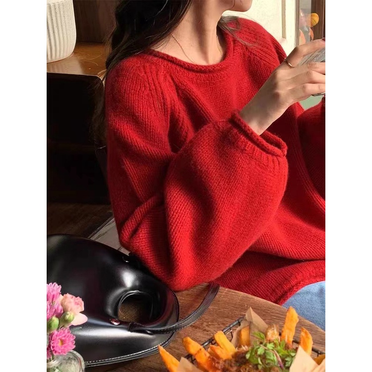Milk series soft glutinous pullover thick needle rose red sweater round neck lazy base Spring and Autumn New knitted loose top female MC female 3JZ2