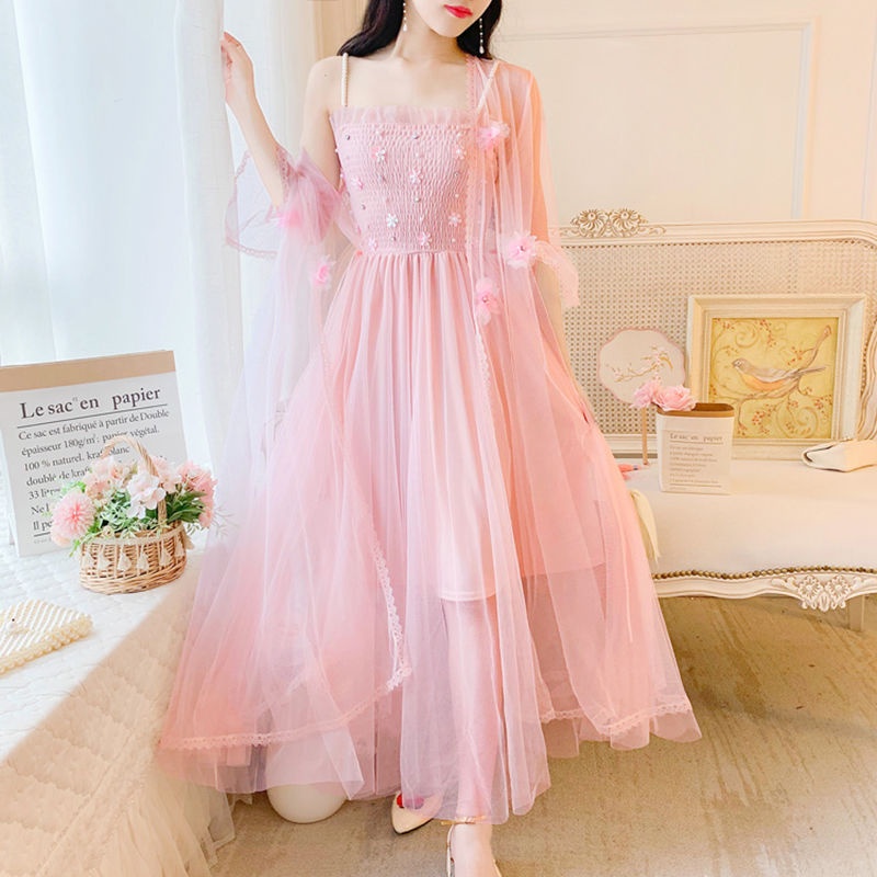 Set Đầm Hoa Hai Dây + Áo Khoác cardigan Chống Nắng Thời Trang Mùa Hè Cho Nữ