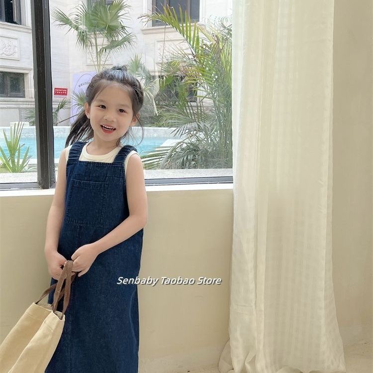 girls dress summer girls spring summer nhật bản simple long pocket denim narrow shoulder dress white vest suit trendy korean version children's clothing baby dress short-sleeved dress chính hãng hàn quốc 5