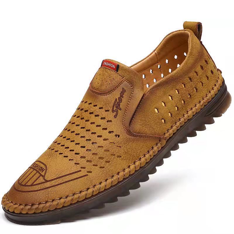 Giày Sandal da Mềm Đục Lỗ Thoáng Khí Cho Đàn Ông Trung Niên