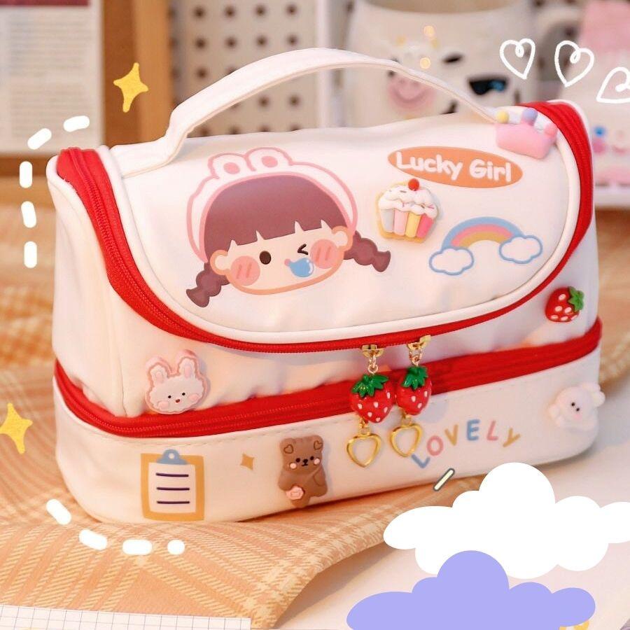 Hộp đựng bút da khoang chứa rộng cỡ to 2 ngăn dễ thương TB02, đựng nhiều đồ tiện kèm sticker cute