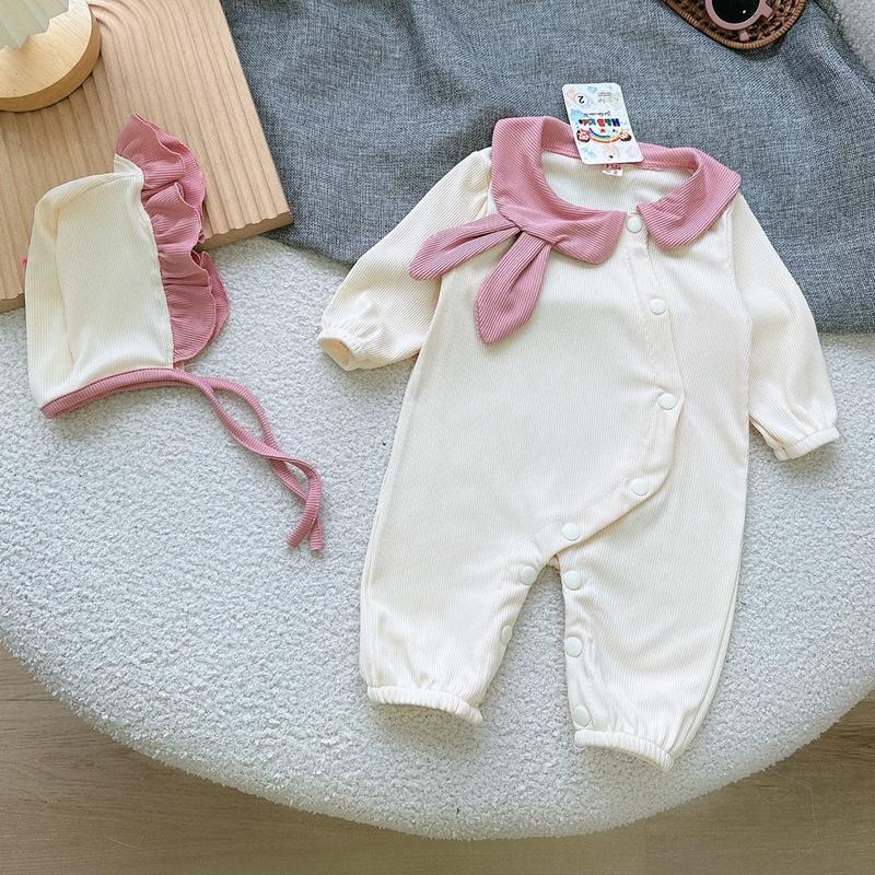 Body liền quần cổ tai thỏ chất tăm lạnh kèm mũ cho bé gái sơ sinh đầy tháng, thôi nôi