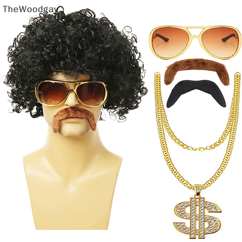 Thewoodgay 1 bộ nam giới màu đen ngắn xoăn tổng hợp cosplay tóc giả vàng nâu những năm 70 80 disco mustache chuỗi vàng halloween trang phục bên tóc giả en