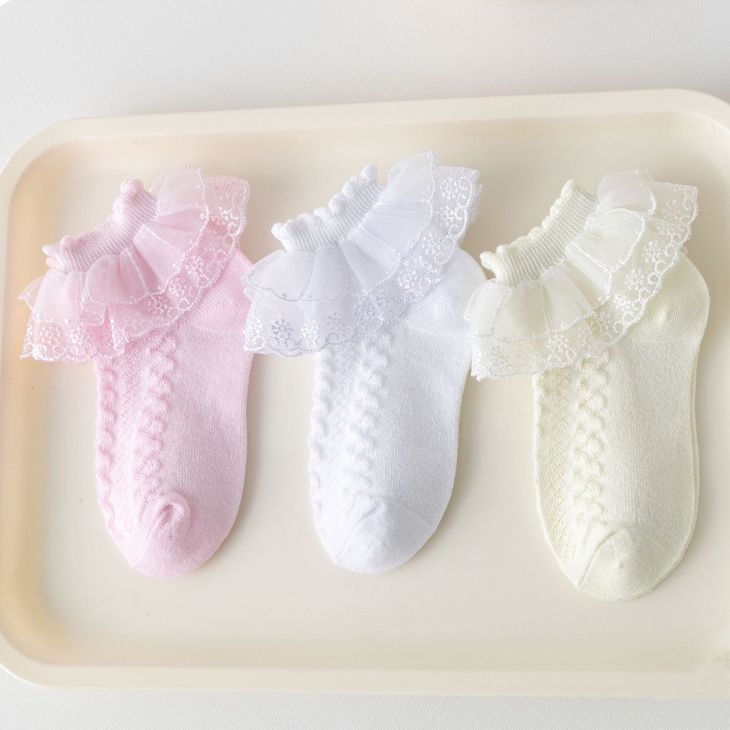 Vớ Vải cotton Mềm Phối Ren Màu Trắng Trơn Thoáng Khí Dành Cho Bé Gái 1-10 Tuổi
