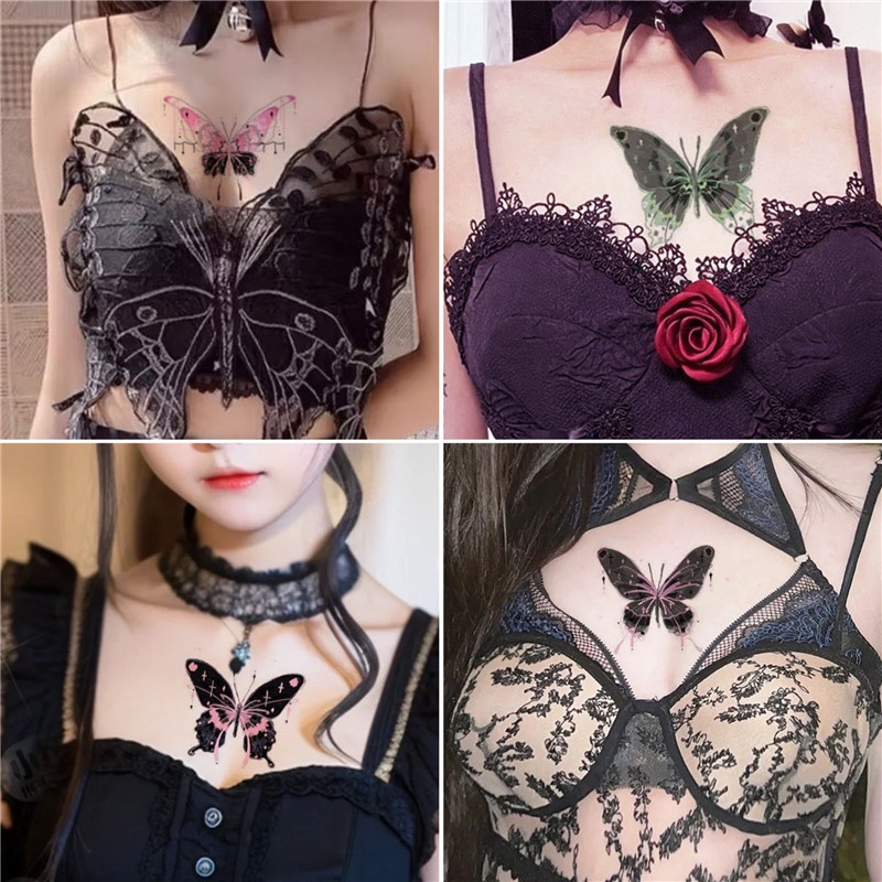Y2k spicy girl butterfly tattoo sticker phụ nữ không thấm nước lâu dài cánh tay xương đòn phụ kiện hình xăm