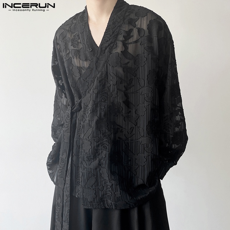 Incerun nam cuba jacquard v-cổ áo nịt dài tay rỗng