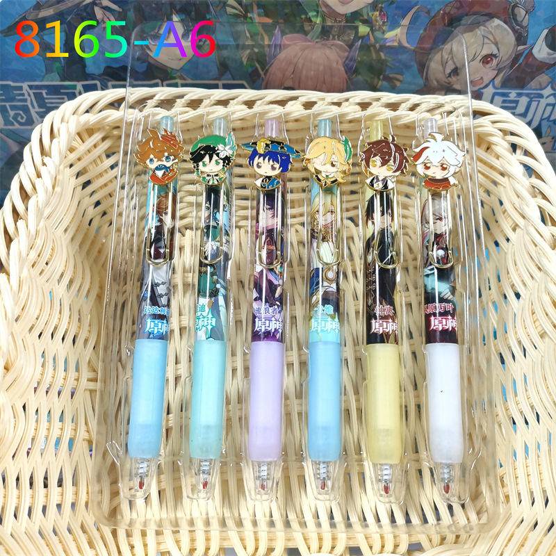 6 cái / gói hợp kim kim loại trò chơi genshin impact cartoon 0.5mm mực đen bút gel wanderer tartaglia barbatos kaveh zhongli kaedehara kazuha bút ký quà tặng ngày trẻ em