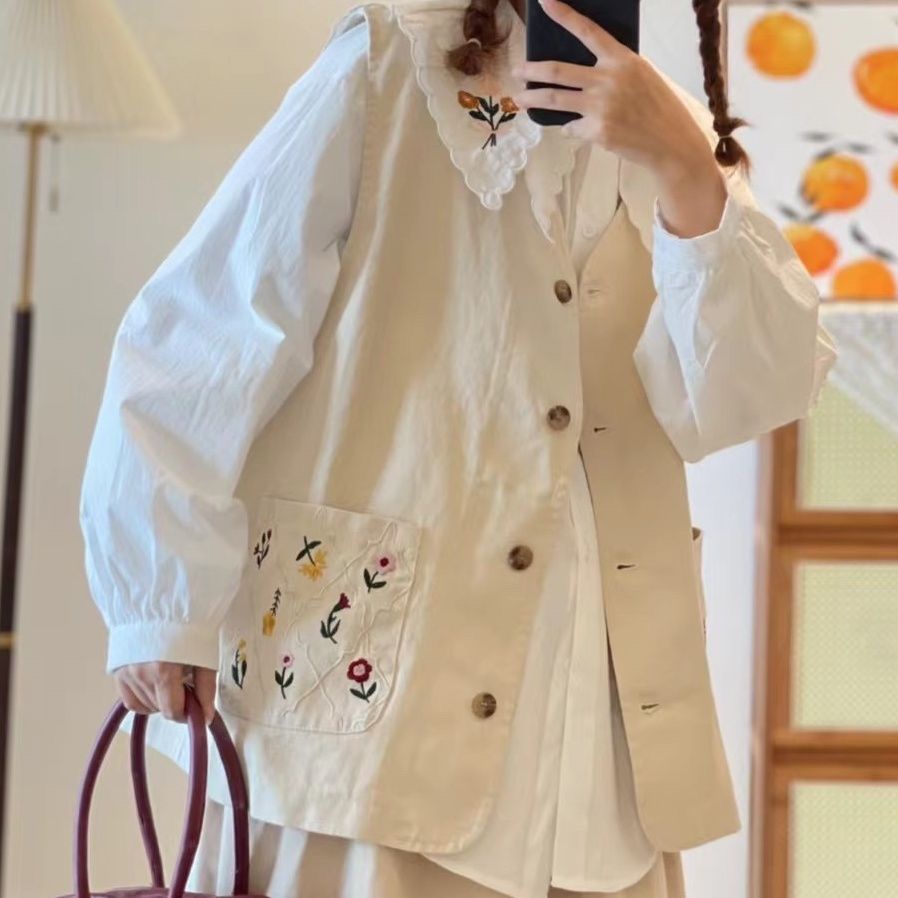 Áo khoác không tay dáng rộng thêu họa tiết thiết kế túi đôi thời trang vintage mùa thu cho nữ size lớn 150kg
