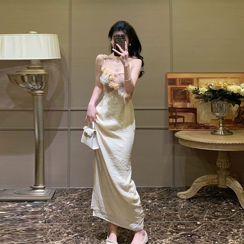 Pháp dây đeo váy eo giảm béo tính khí mỏng váy cổ điển phụ nữ mùa hè