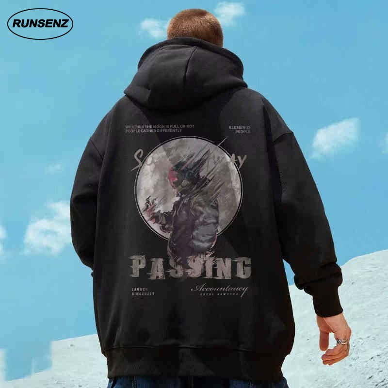 M-8xl âu mỹ cỡ lớn áo hoodie nam in áo dài tay có mũ trùm đầu t thu đông lót lông cừu dày chải đầu lỏng lẻo đơn giản áo chui đầu
