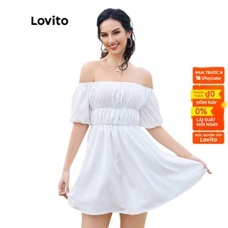 Đầm Lovito trễ vai tay phồng diềm xếp nếp màu trơn phong cách lãng mạn L12D11 (Màu trắng)