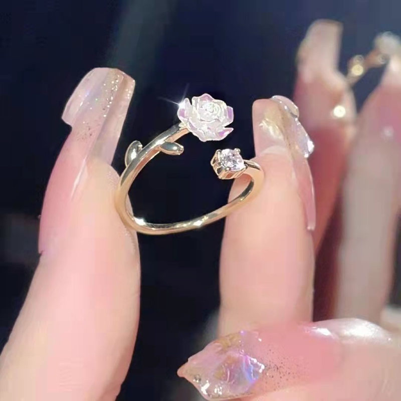 Nhẫn Hở Hình Hoa Trà Đính Đá Zircon Phong Cách Vintage Thanh Lịch Thời Trang Cho Nữ