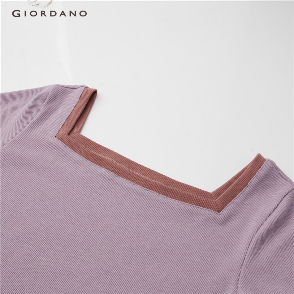GIORDANO WOMEN Contrast color square neck slim short sleeve tee 05323422