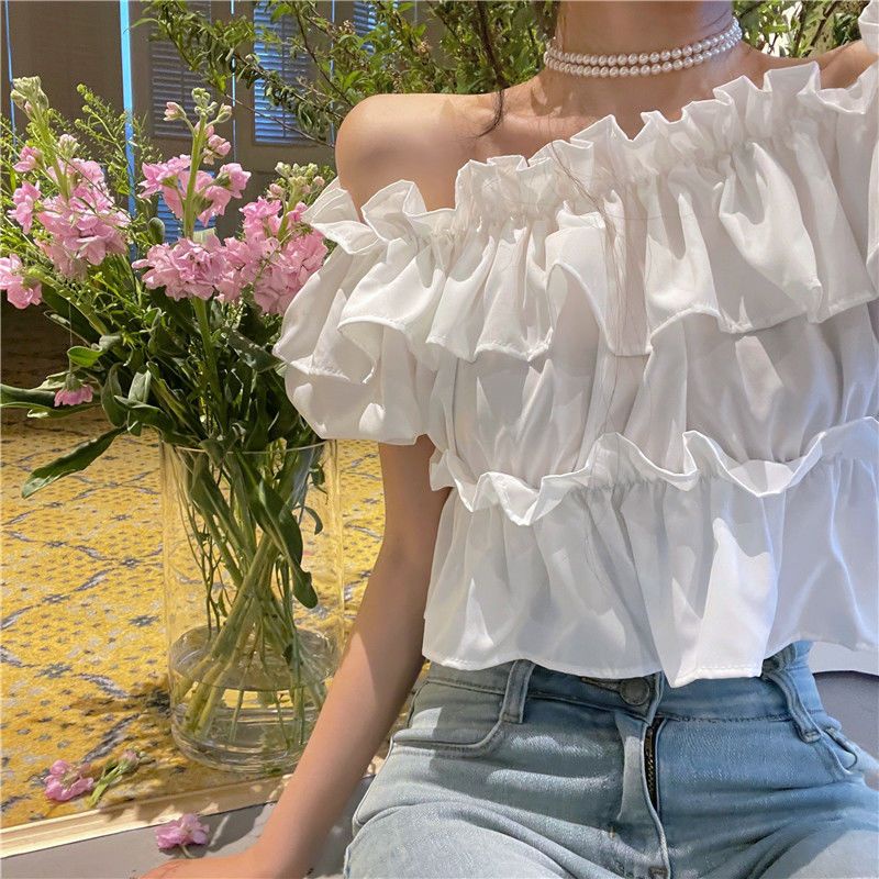 Jiashucheng Áo Sơ Mi Ngắn Tay Trễ Vai Ôm Dáng Phối Bèo Thời Trang Mùa Hè Cho Nữ