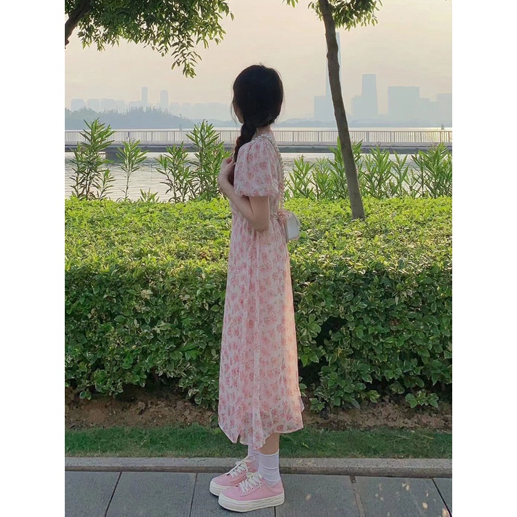 Mori First Love Đầm Dài Tay Phồng Nhấn Eo Hẹp Eo Hẹp In Hoa Kiểu Pháp Thanh Lịch Mùa Hè
