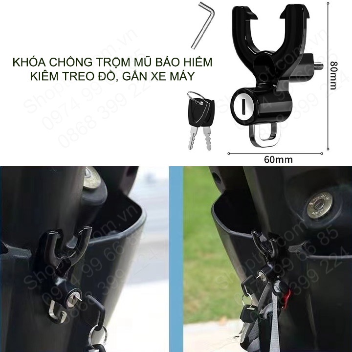 Khóa chống trộm mũ bảo hiểm gắn xe máy, kiêm móc treo đồ đa năng, làm bằng hợp kim (KCTM.0698)