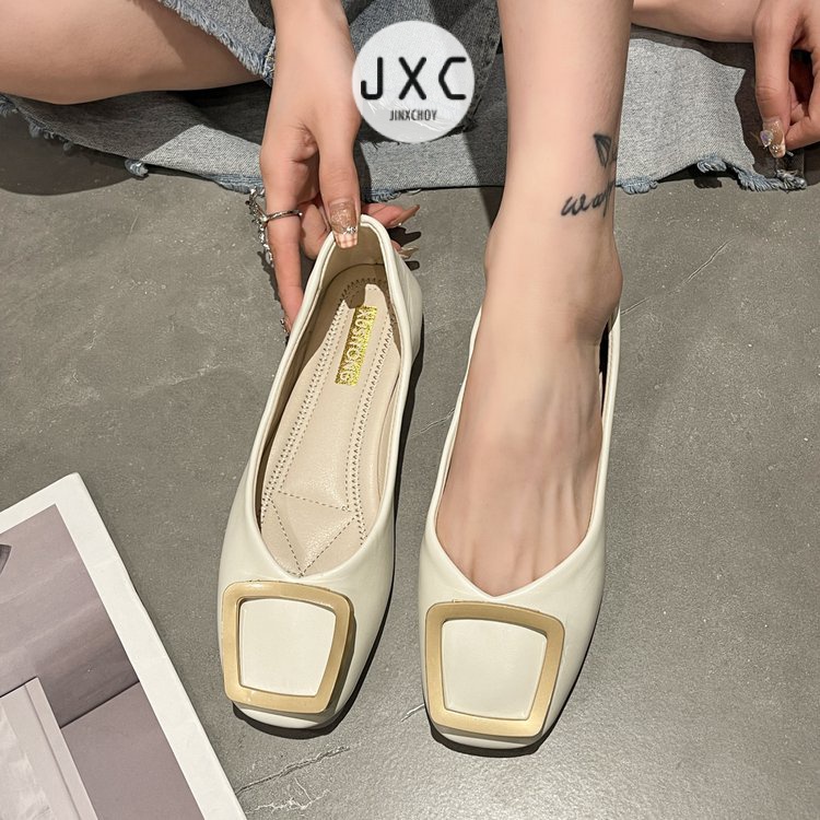 JINxCHOY Giày da mềm gót thấp mũi vuông màu trơn đơn giản thoải mái thời thượng