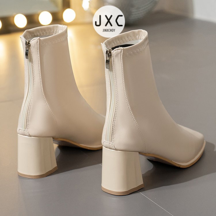 JINxCHOY Giày bốt cao gót JINXCHOY mũi vuông màu trơn có khóa kéo sau thời trang