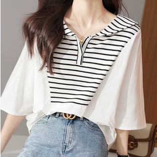 Áo Dệt Kim Tay Ngắn Dáng Rộng Cổ Thủy Thủ Kẻ Sọc Màu Tương Phản Kiểu Phương Tây Thời Trang Mùa Hè Cho Nữ