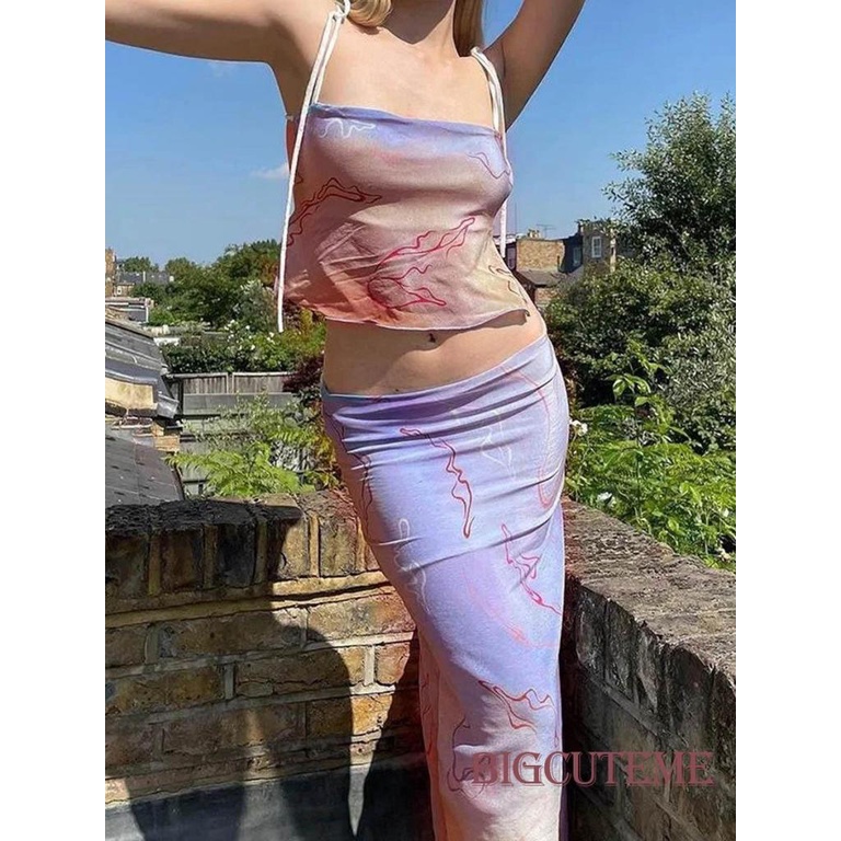 Áo Hai Dây Cổ Vuông Họa Tiết Màu Nhuộm Thời Trang Cho Nữ