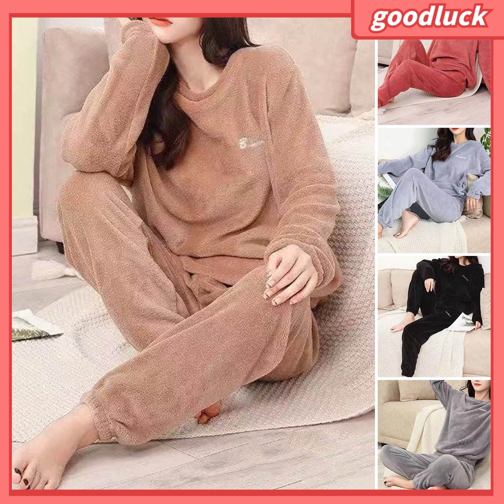 Bộ Đồ Ngủ 2 Món Tay Dài Dáng Rộng Cổ Tròn Màu Sắc Ấm Áp Thời Trang Cho Nữ