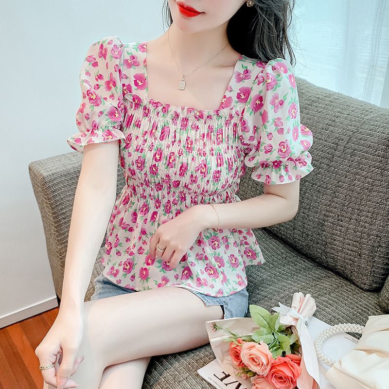 Áo Voan Tay Phồng Ngắn Cổ Vuông In Họa Tiết Hoa Nhí Xinh Xắn Thời Trang Hè Kiểu Pháp Cho Nữ Size 3XL