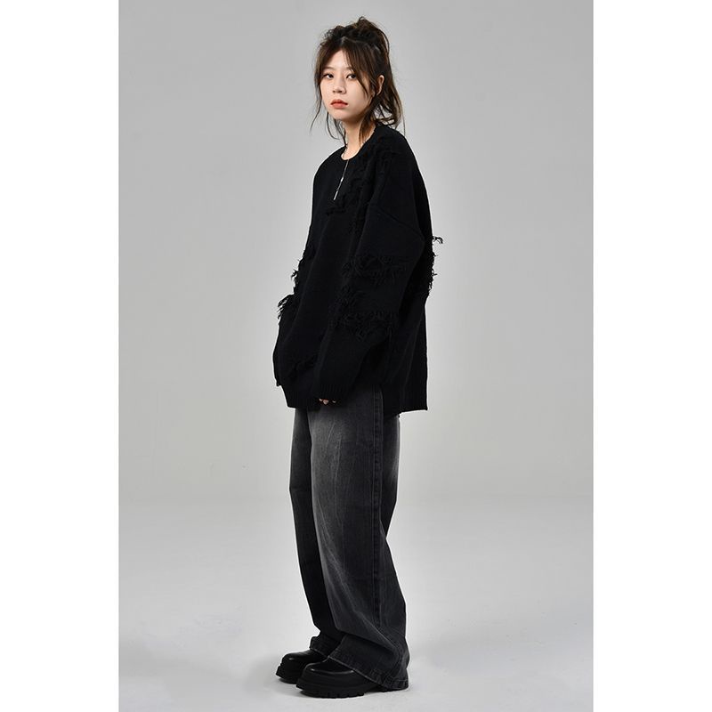 Quần Jean Dài Dáng Rộng Thẳng Màu Đen Thiết Kế Vết Nứt Retro Mỹ Thời Trang Cho Nam