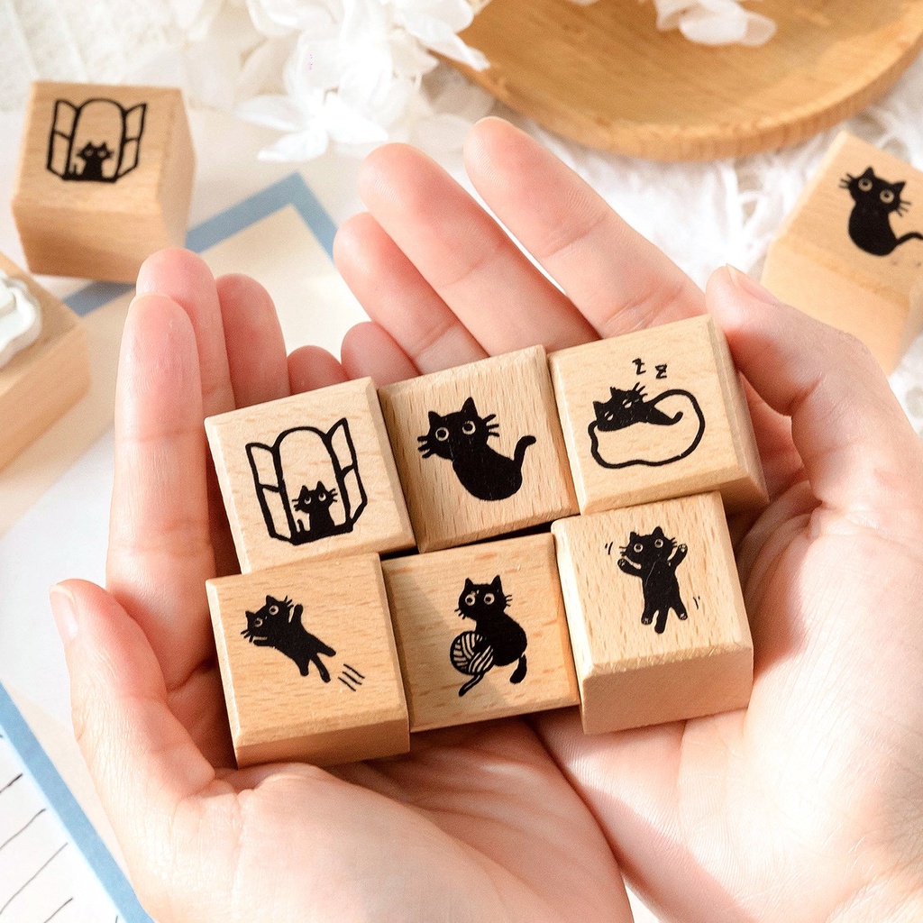 Con Dấu Gỗ Cao Su Hình Mèo Đen Dễ Thương Trang Trí Sổ Nhật Ký DIY