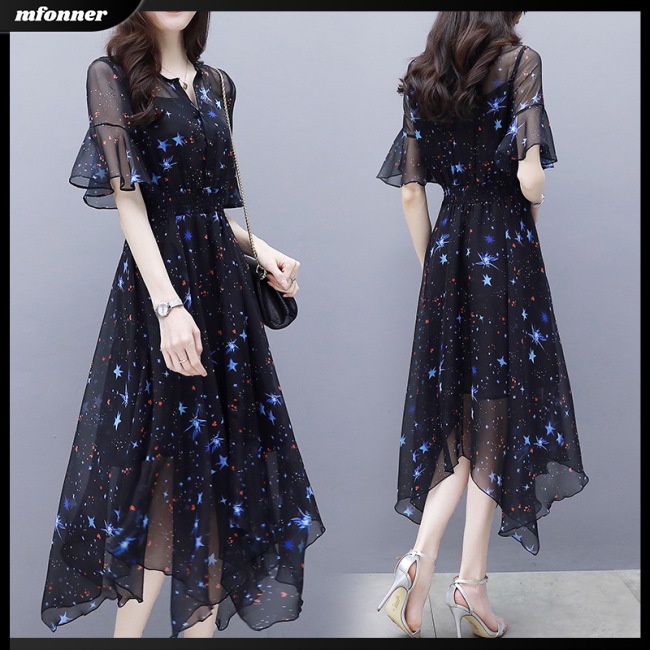 Đầm Midi Tay Ngắn Cổ Tròn Dáng Ôm Thiết Kế Không Đồng Đều Xinh Xắn Thời Trang Cho Nữ