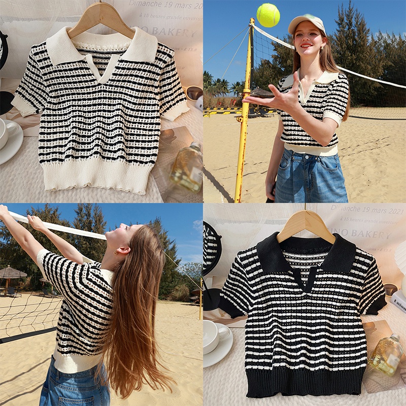 Áo Croptop Dệt Kim Tay Ngắn Cổ Bẻ Họa Tiết Kẻ Sọc Màu Tương Phản Thời Trang Cho Nữ