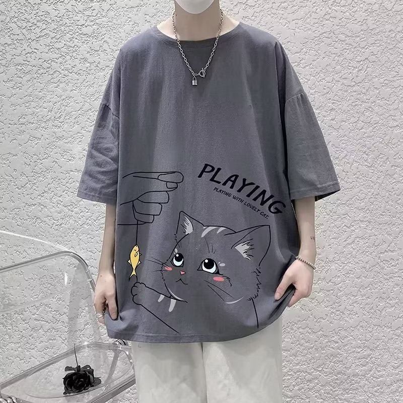 Áo Thun Tay Ngắn Cổ Tròn In Hình Mèo Dễ Thương Phong Cách Hàn Quốc Thời Trang Mùa Hè 4 Màu Lựa Chọn Cho Nam M-8XL