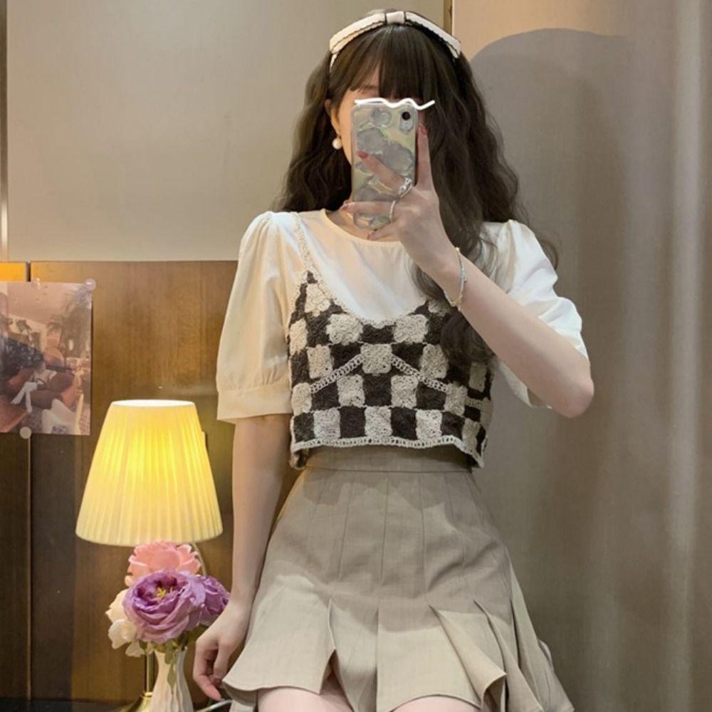 NICKOLAS Áo Croptop Dệt Kim Không Tay Dáng Rộng Họa Tiết Sọc Caro Phong Cách Hàn Quốc Thời Trang Đi Biển Xinh Xắn Cho Nữ