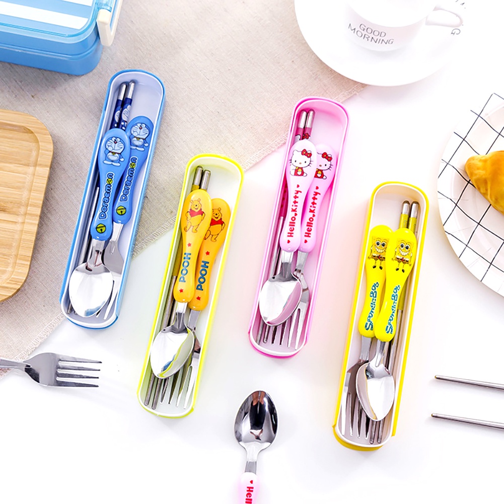 Bộ Ba Món Thìa Dĩa Đũa Bằng Thép Không Gỉ Cho Trẻ Em Hình Doraemon/Hellokitty Hoạt Hình Bộ Dao Kéo Trẻ Em