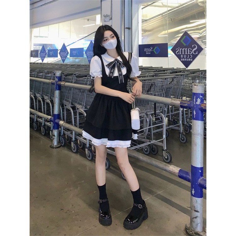 [Phiên Bản Giới Hạn Thời Gian Hạn] Đầm Đen Giả Hai Mảnh Eo Hẹp Mùa Hè Hàn Quốc Ngọt Ngào Cỡ Lớn Cho Nữ