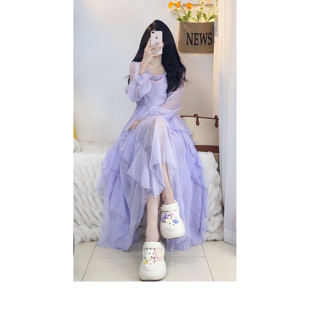 Đầm Maxi Màu Tím Phong Cách Vintage Thời Trang Cho Nữ