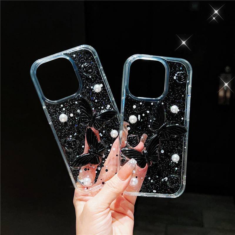 Ốp Điện Thoại Trong Suốt Trang Trí Hình Bướm Và Ngọc Trai 3D Cho iPhone 14 13 12 11 Pro Max 14Plus