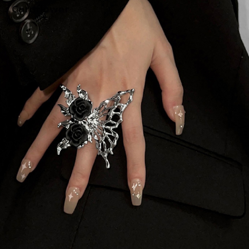 < Cardflower > Nhẫn Mở Kim Loại Hình Hoa Hồng / Bướm Đen Phong Cách Punk Vintage Có Thể Điều Chỉnh Làm Quà Tặng Cho Nữ